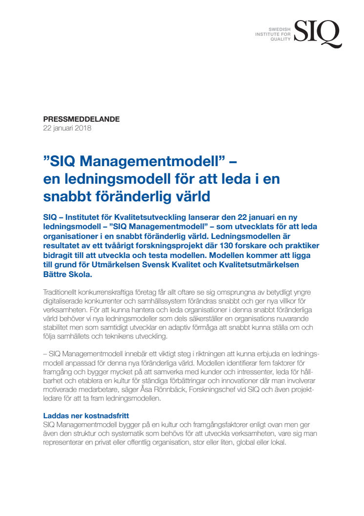 ​”SIQ Managementmodell” – en ledningsmodell för att leda i en snabbt föränderlig värld
