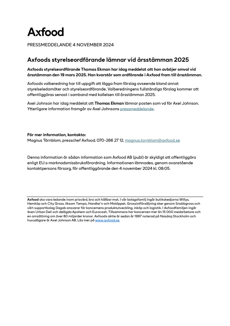 PM_241104_Axfoods styrelseordförande lämnar vid årsstämman 2025.pdf