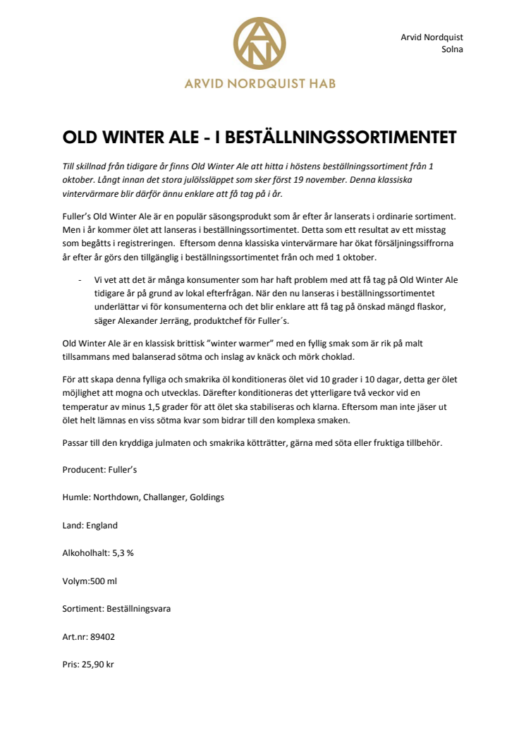 Old Winter Ale - i beställningssortimentet