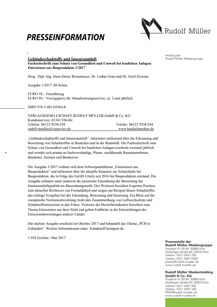 Gebäudeschadstoffe und Innenraumluft 1/2017 - Emissionen aus Bauprodukten 