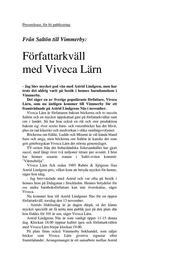 Författarkväll med Viveca Lärn på Astrid Lindgrens Näs 