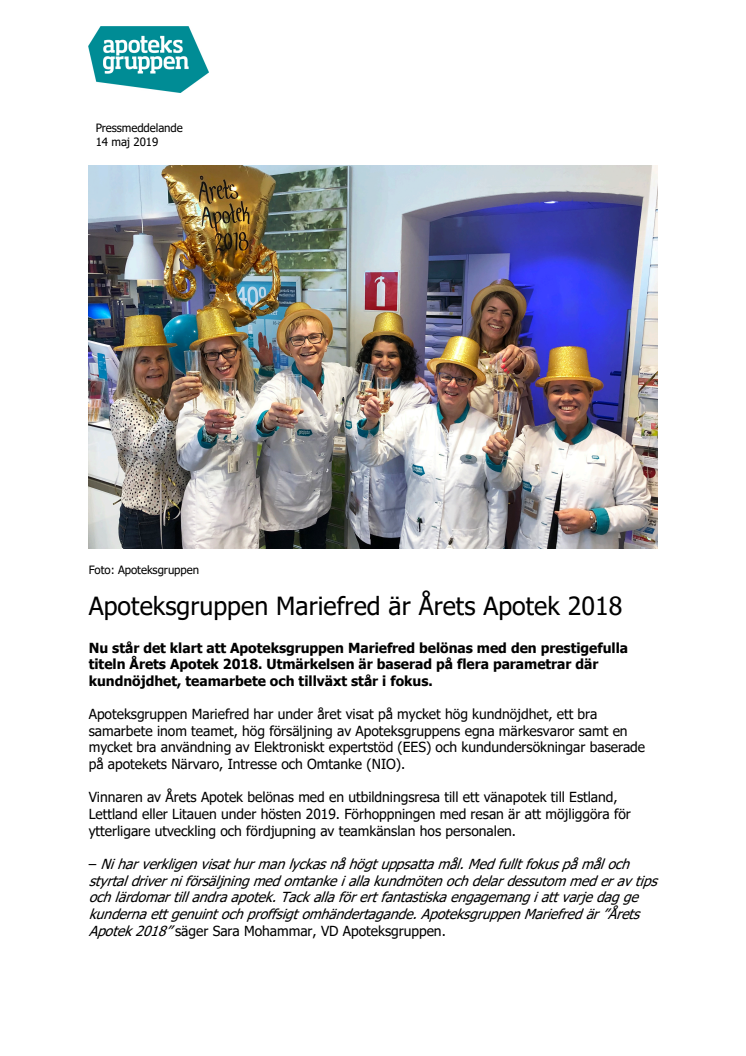 Apoteksgruppen Mariefred är Årets Apotek 2018