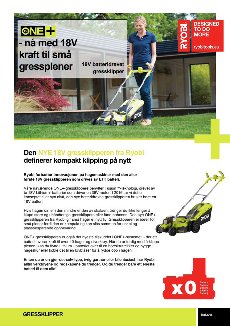 Ryobi ONE+ - nå med 18V kraft til små gressplener