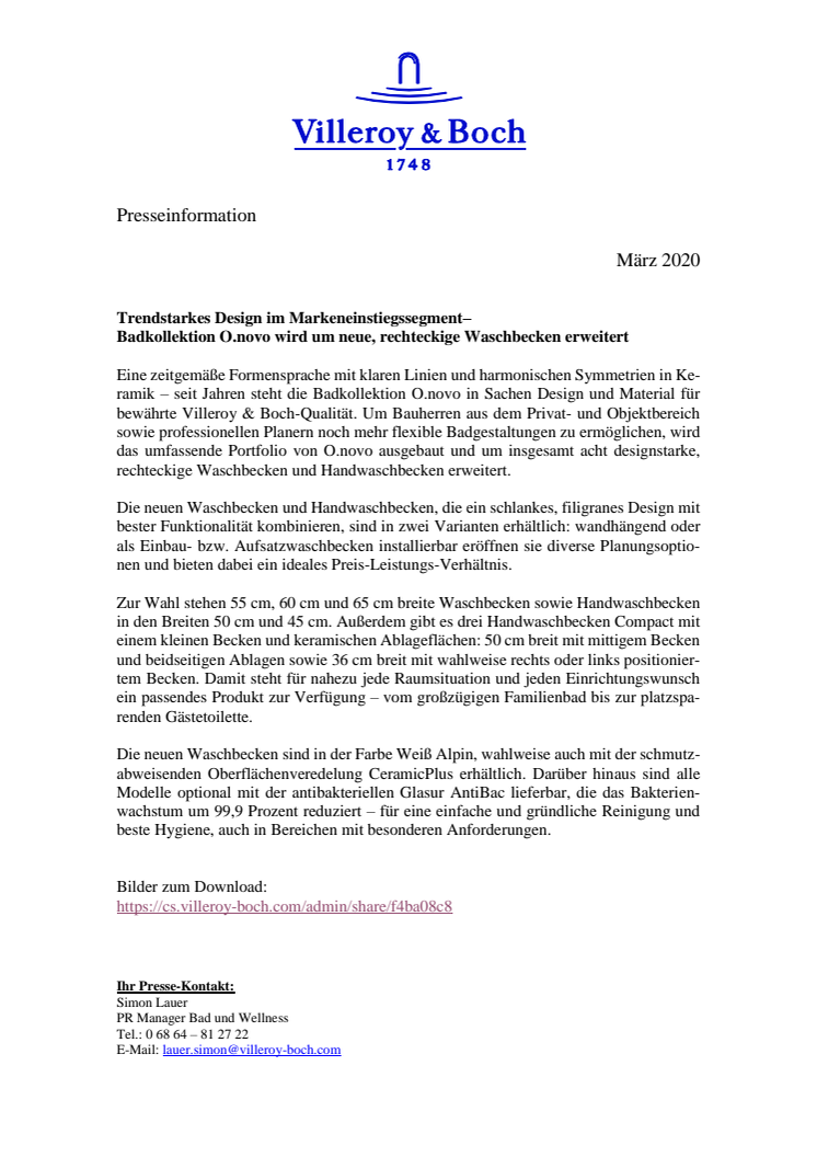 Trendstarkes Design im Markeneinstiegssegment– Badkollektion O.novo wird um neue, rechteckige Waschbecken erweitert