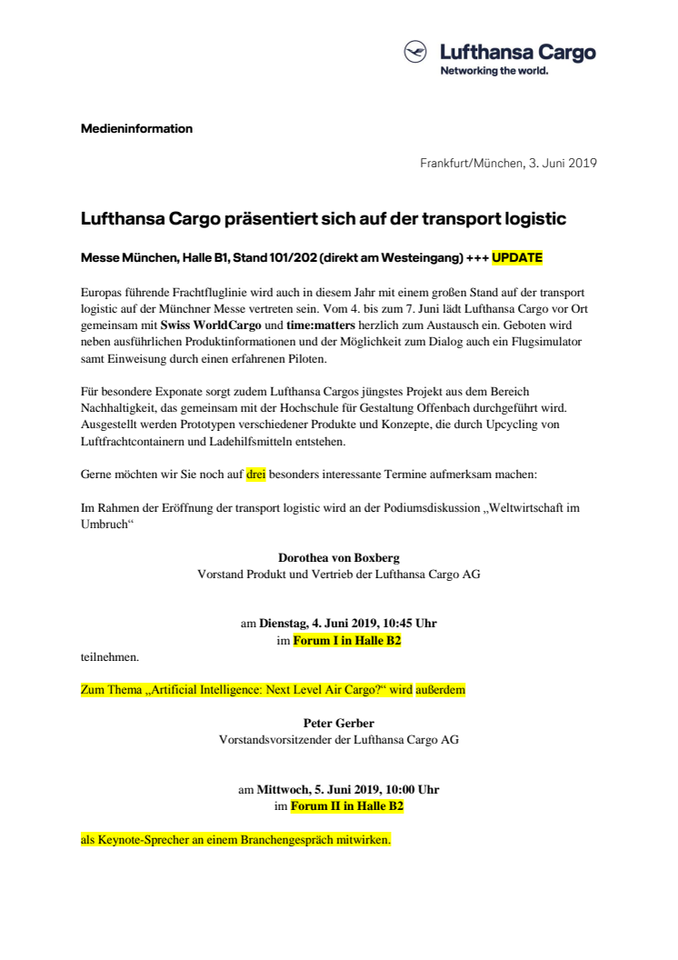 Lufthansa Cargo präsentiert sich auf der transport logistic