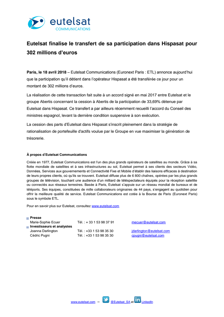 Eutelsat finalise le transfert de sa participation dans Hispasat pour 302 millions d’euros
