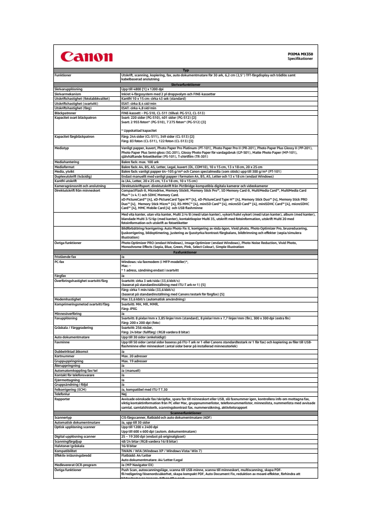 Tekniska specifikation PIXMA MX350