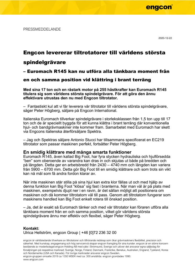 Engcon levererar tiltrotatorer till världens största spindelgrävare – Euromach R145 kan nu utföra alla tänkbara moment från en och samma position vid klättring i brant terräng