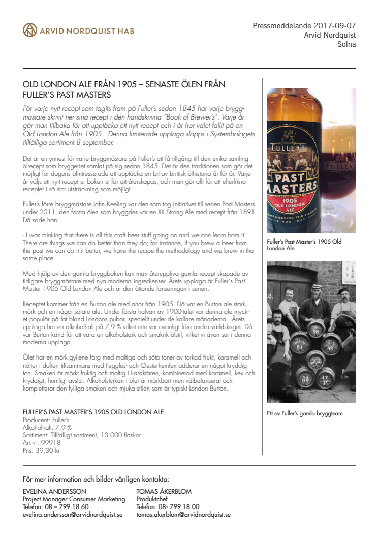Old London Ale från 1905 – senaste ölen från Fuller’s Past Masters