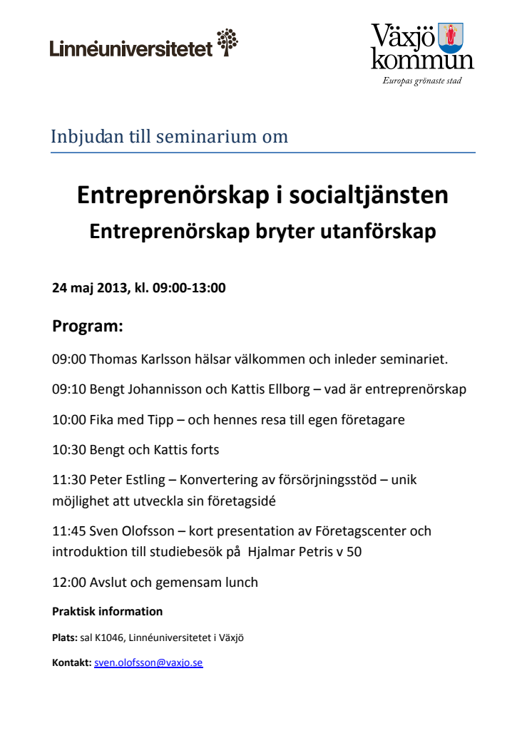 Inbjudan till seminarium om Entreprenörskap i socialtjänsten