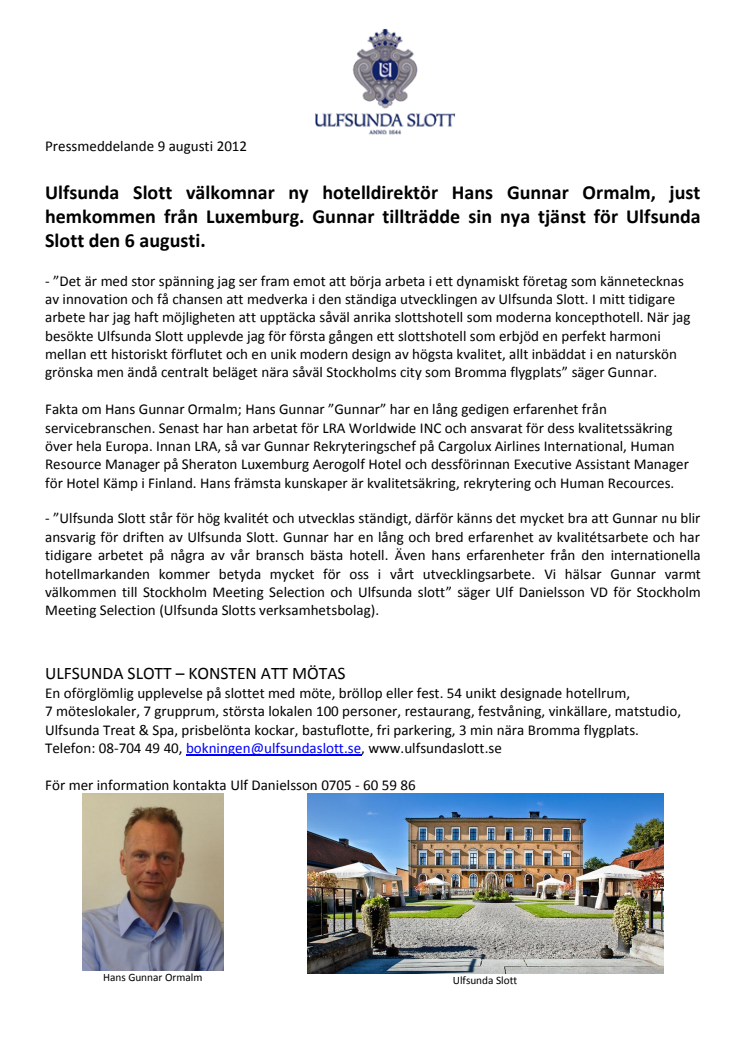 Ulfsunda Slott välkomnar Hans Gunnar Ormalm som ny hotelldirektör