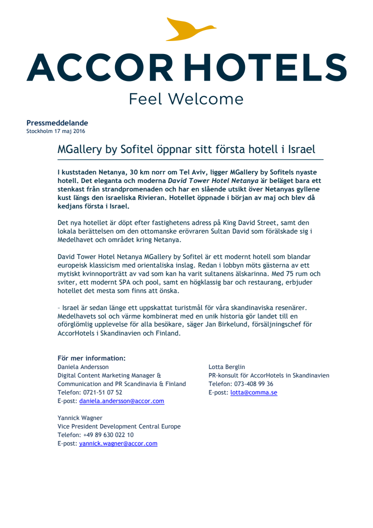 MGallery by Sofitel öppnar sitt första hotell i Israel
