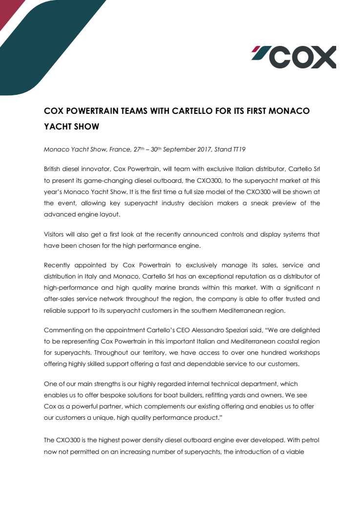 Cox Powertrain: Cox Powertrain Teams with Cartello for its First Monaco Yacht Show