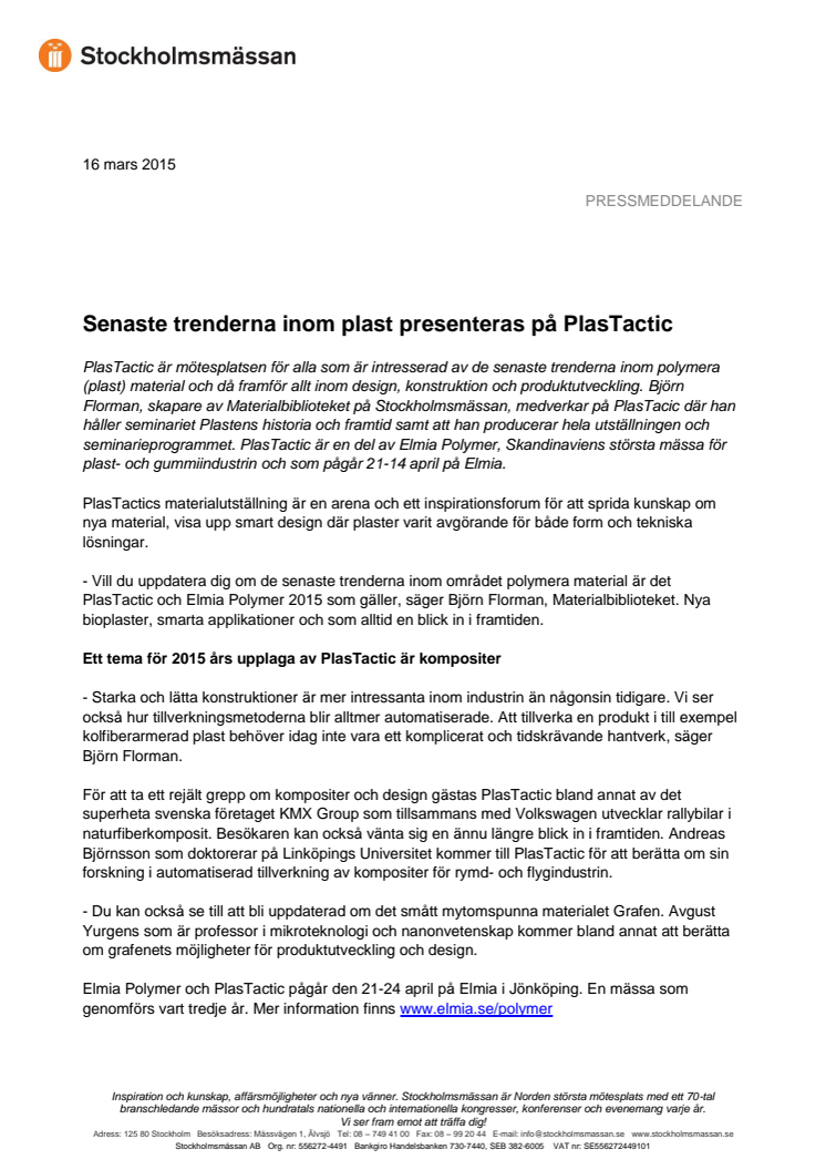 Senaste trenderna inom plast presenteras på PlasTactic