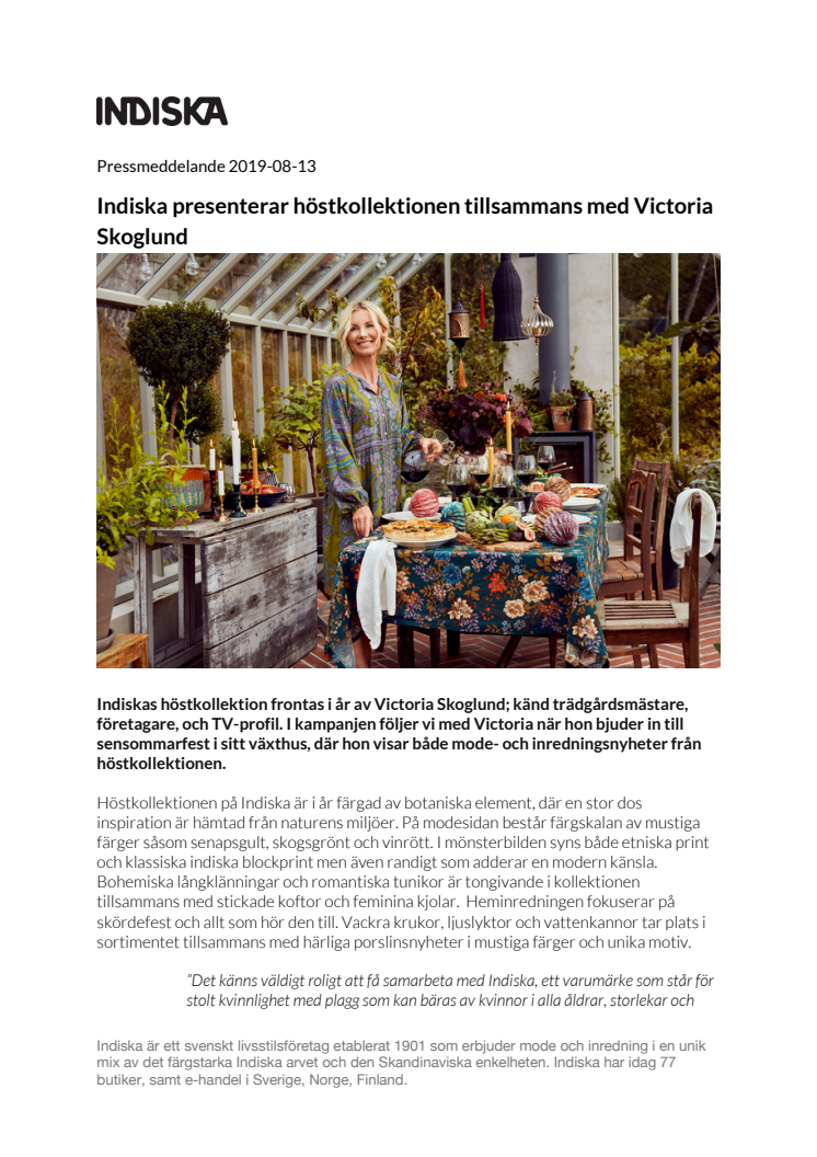 Indiska presenterar höstkollektionen tillsammans med Victoria Skoglund