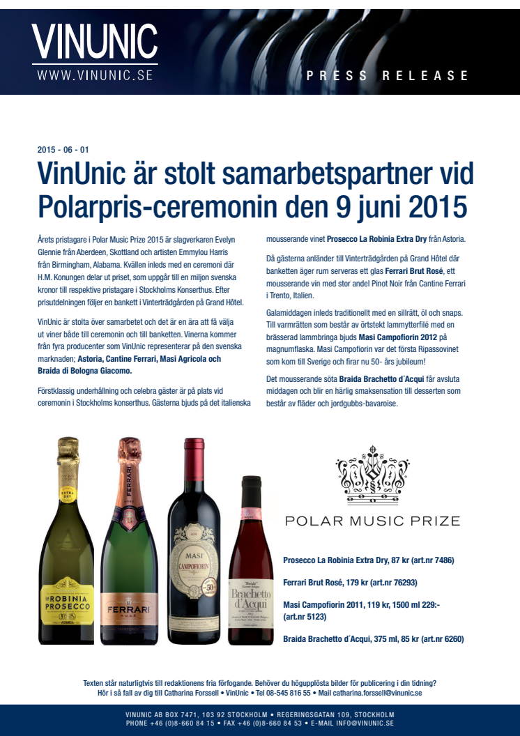 VinUnic är stolt samarbetspartner vid Polarpris-ceremonin den 9 juni 2015