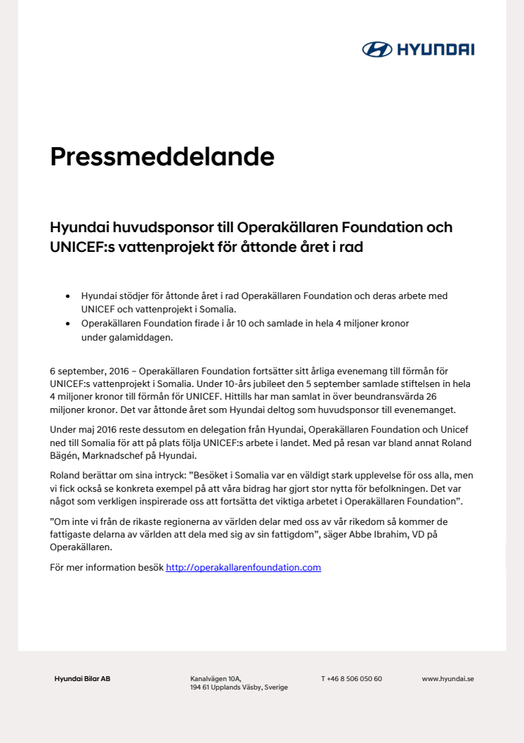 Hyundai huvudsponsor till Operakällaren Foundation och UNICEFs vattenprojekt för åttonde året i rad