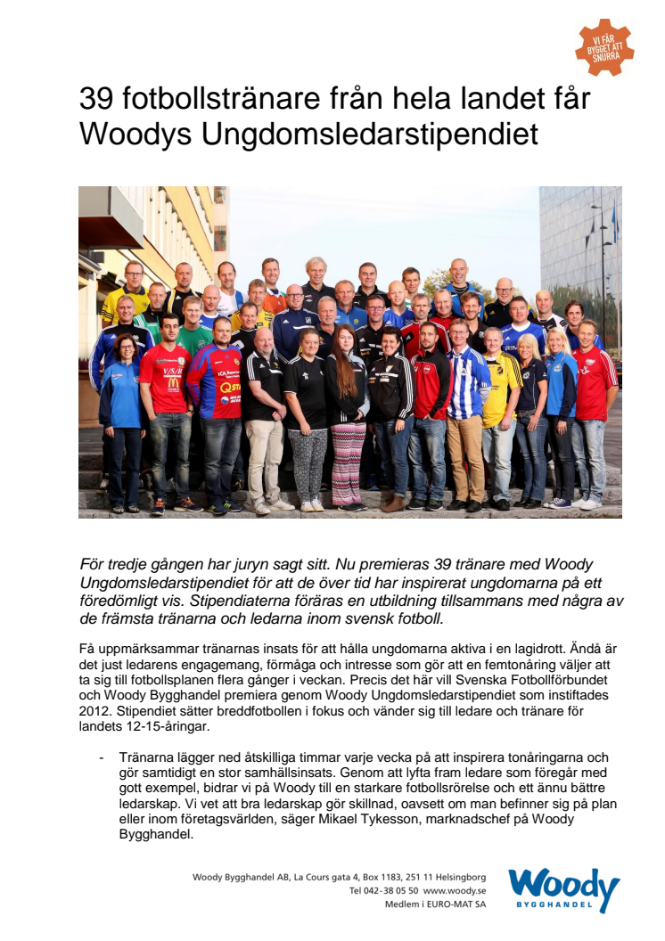 39 fotbollstränare från hela landet får Woodys Ungdomsledarstipendiet