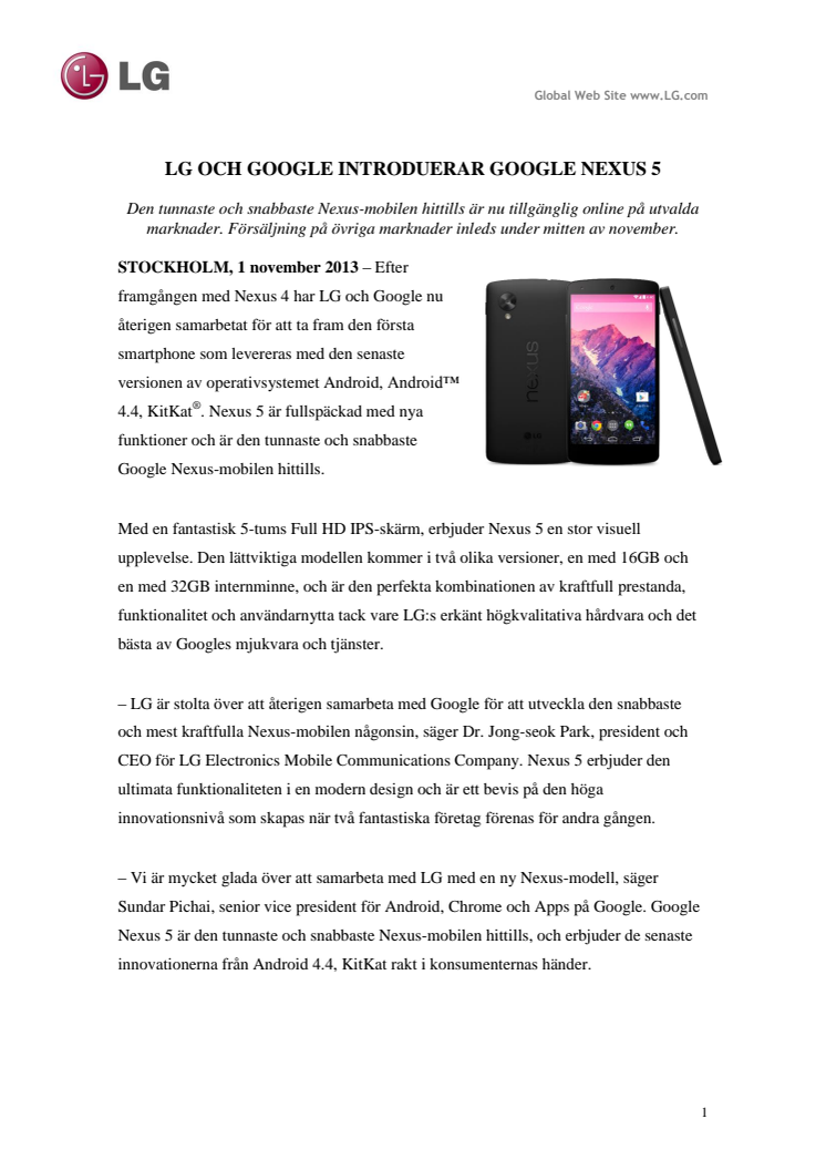 LG OCH GOOGLE INTRODUCERAR GOOGLE NEXUS 5