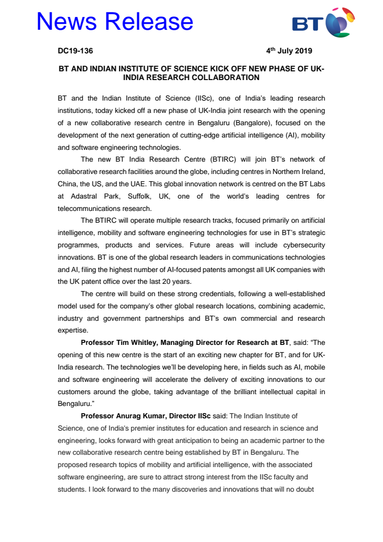 BT and Indian Institute of Science kick off new phase of UK-India research collaboration