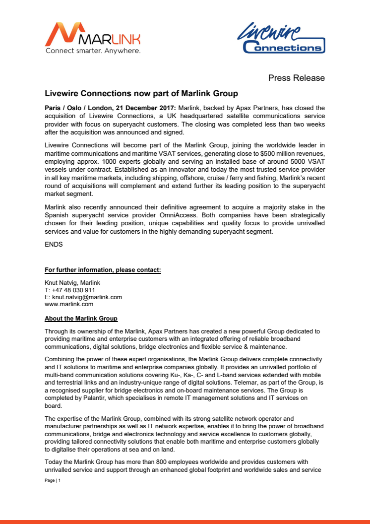 Livewire Connections now part of Marlink Group