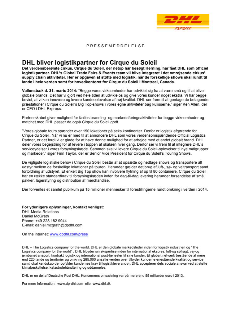 DHL bliver logistikpartner for Cirque du Soleil