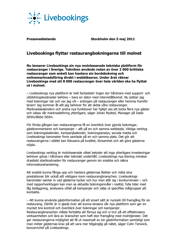 Livebookings flyttar restaurangbokningarna till molnet