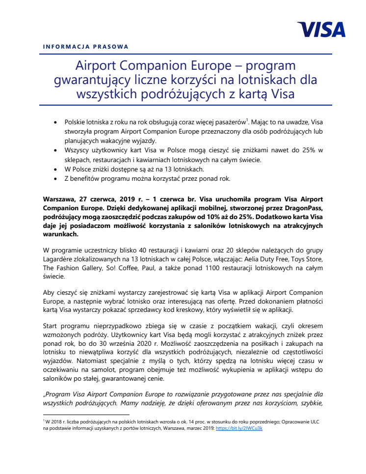 Airport Companion Europe – program gwarantujący liczne korzyści na lotniskach dla wszystkich podróżujących z kartą Visa