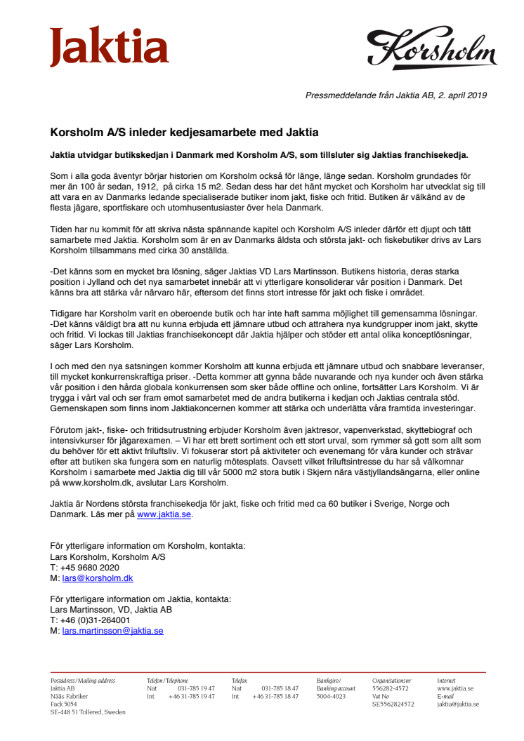 Korsholm A/S inleder kedjesamarbete med Jaktia