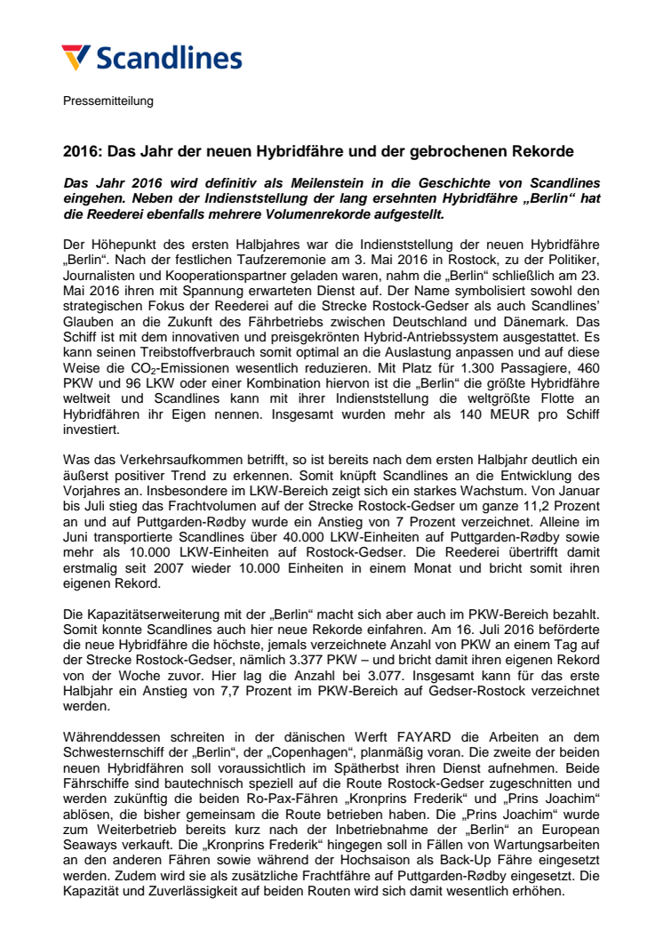 2016: Das Jahr der neuen Hybridfähre und der gebrochenen Rekorde