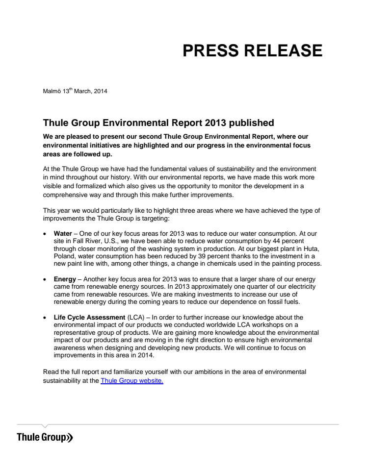 Thule Group Environmental Report 2013 published