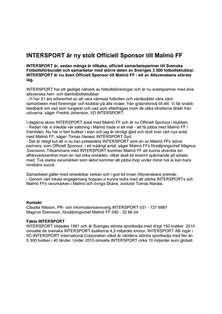 INTERSPORT är ny stolt Officiell Sponsor till Malmö FF