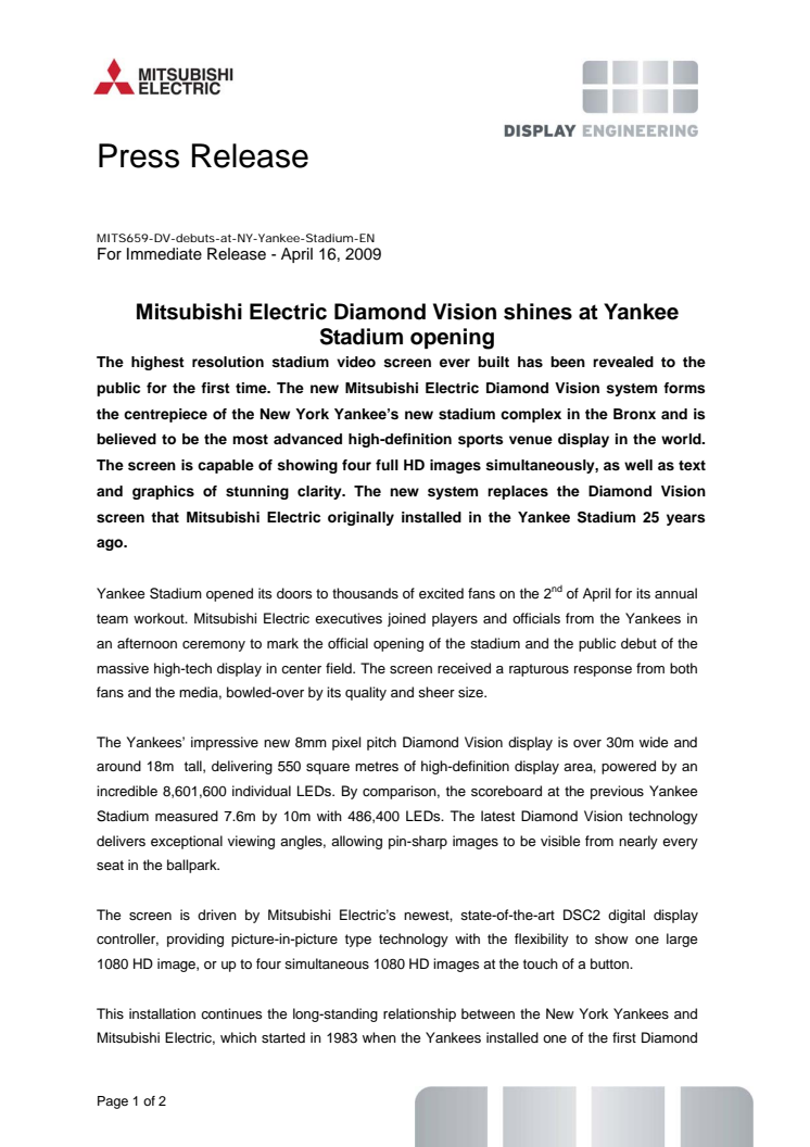 Mitsubishi Electric Diamond Vision shines at Yankee Stadium opening