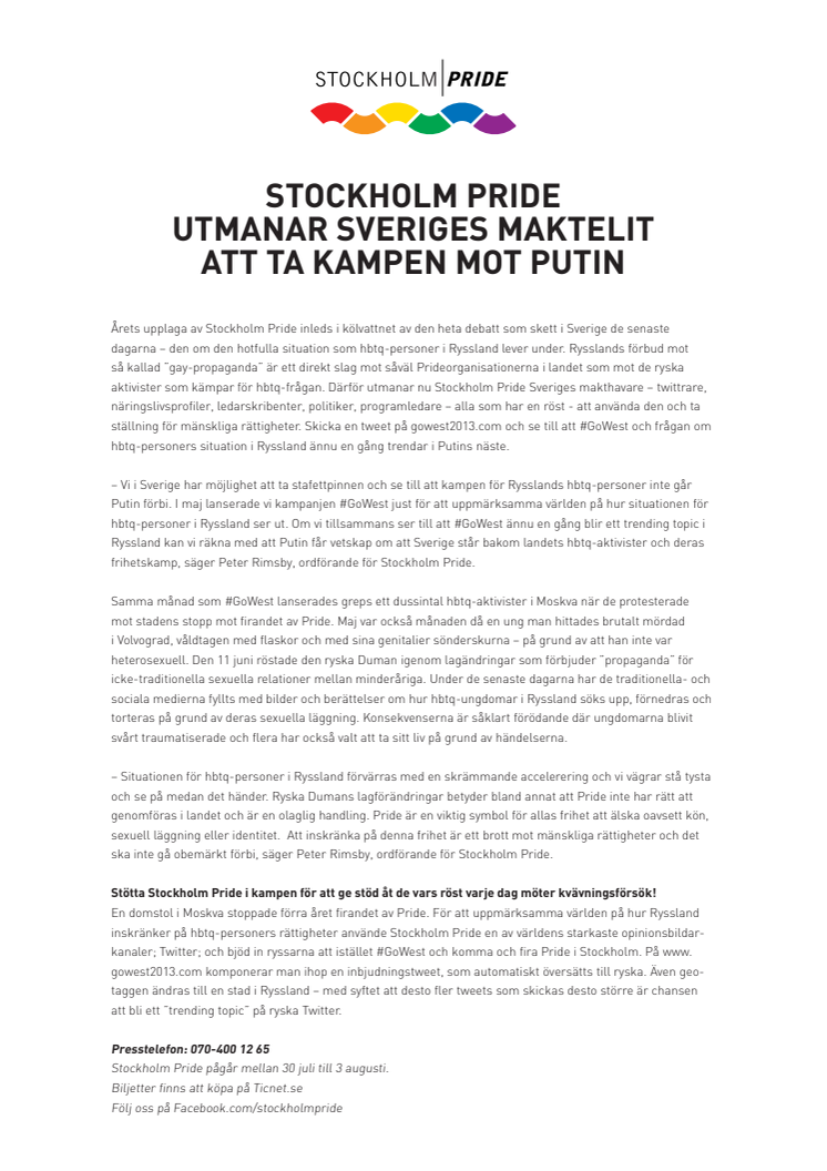 STOCKHOLM PRIDE UTMANAR SVERIGES MAKTELIT ATT TA KAMPEN MOT PUTIN