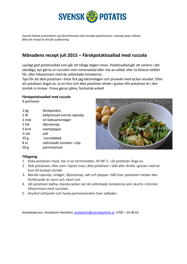 Månadens recept juli - Färskpotatissallad med ruccola