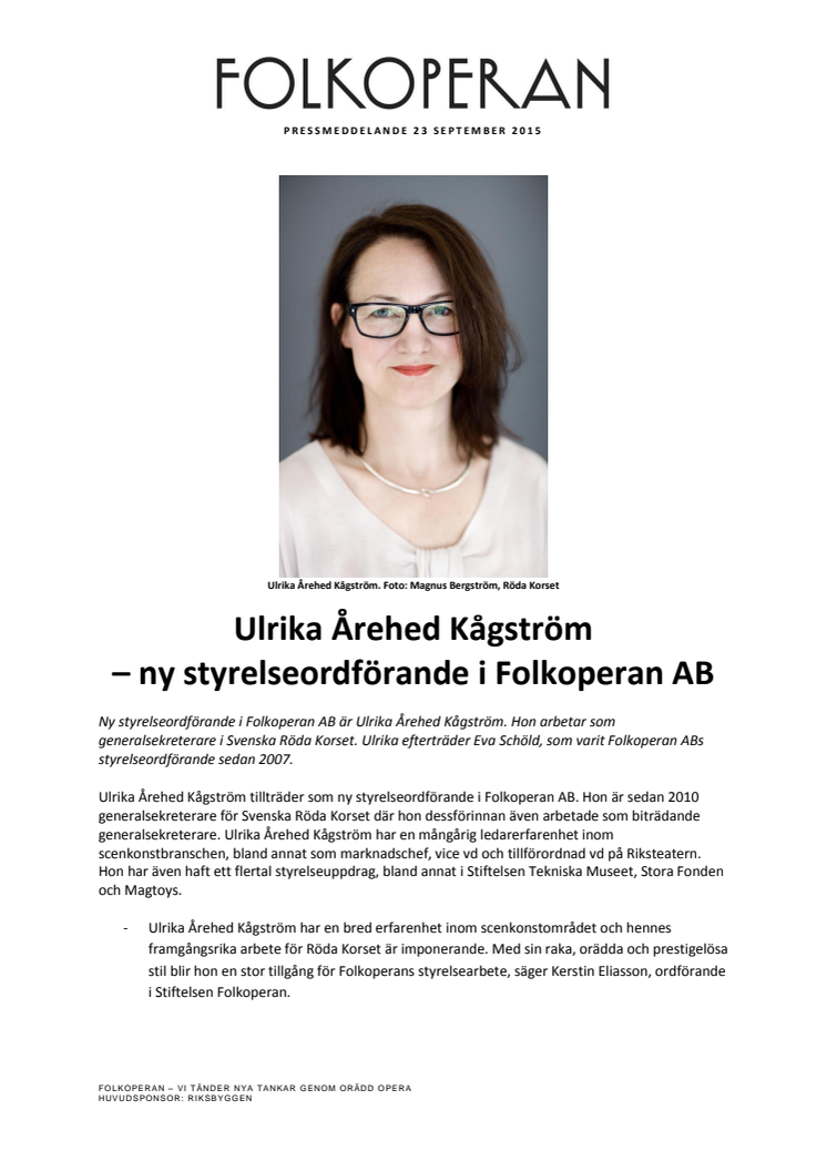 Ulrika Årehed Kågström - ny styrelseordförande i Folkoperan AB