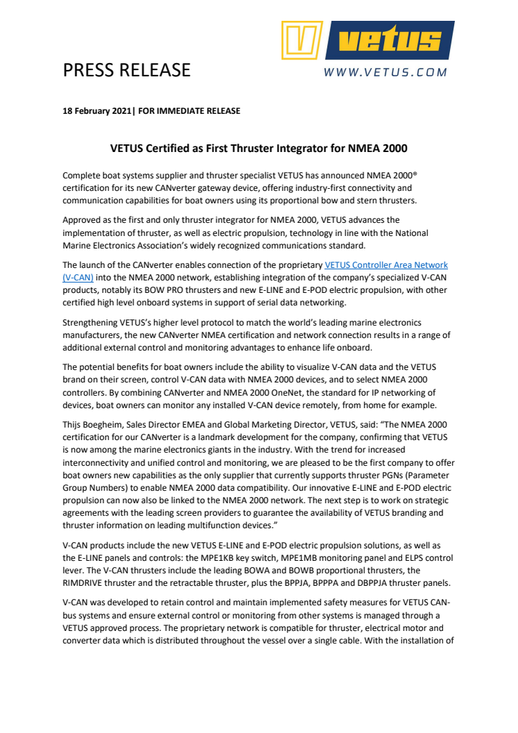 VETUS Certified as First Thruster Integrator for NMEA 2000