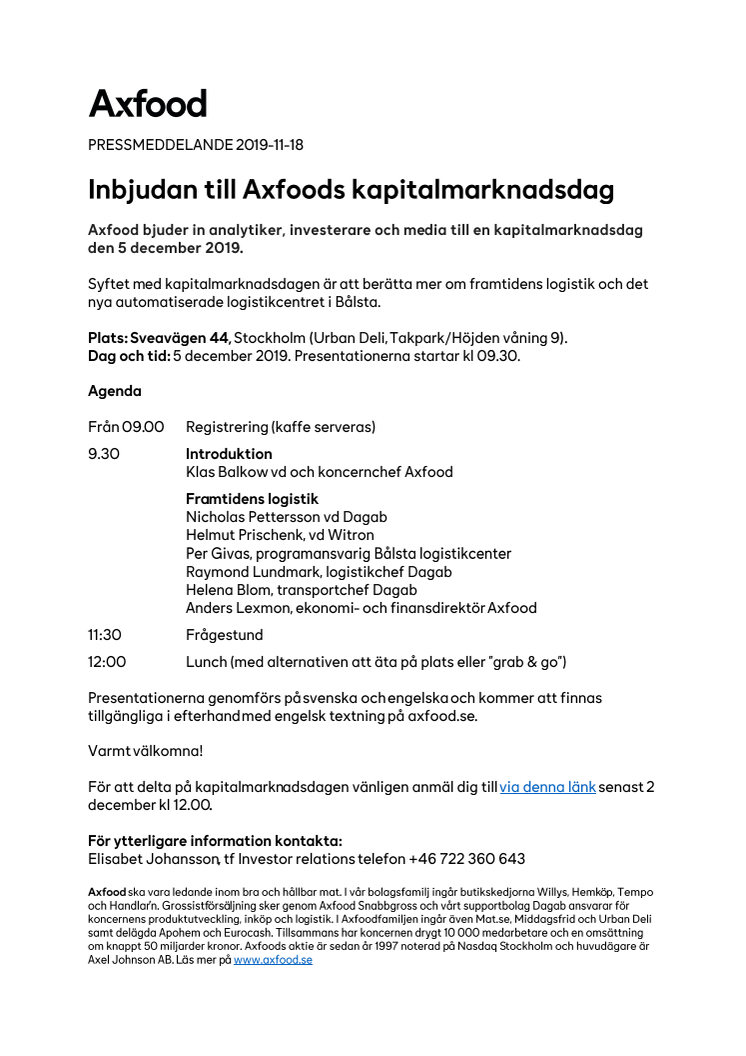 Inbjudan till Axfoods kapitalmarknadsdag