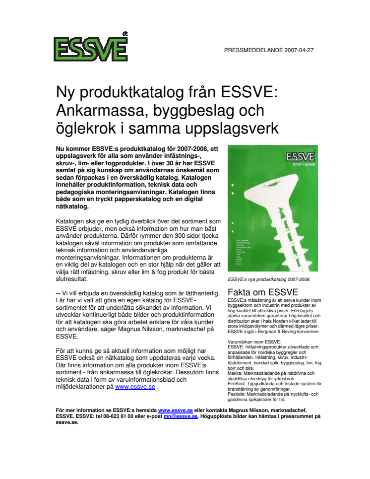 Ny produktkatalog från ESSVE: Ankarmassa, byggbeslag och öglekrok i samma uppslagsverk