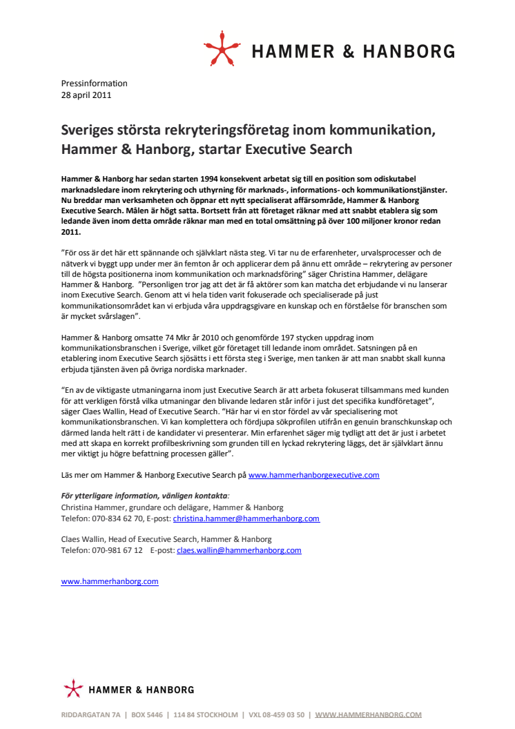 Sveriges största rekryteringsföretag inom kommunikation, Hammer & Hanborg, startar Executive Search