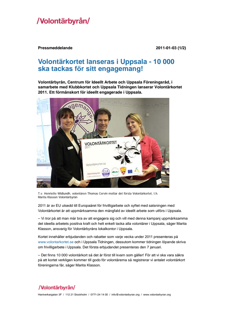 Volontärkortet lanseras i Uppsala - 10 000 ska tackas för sitt engagemang!