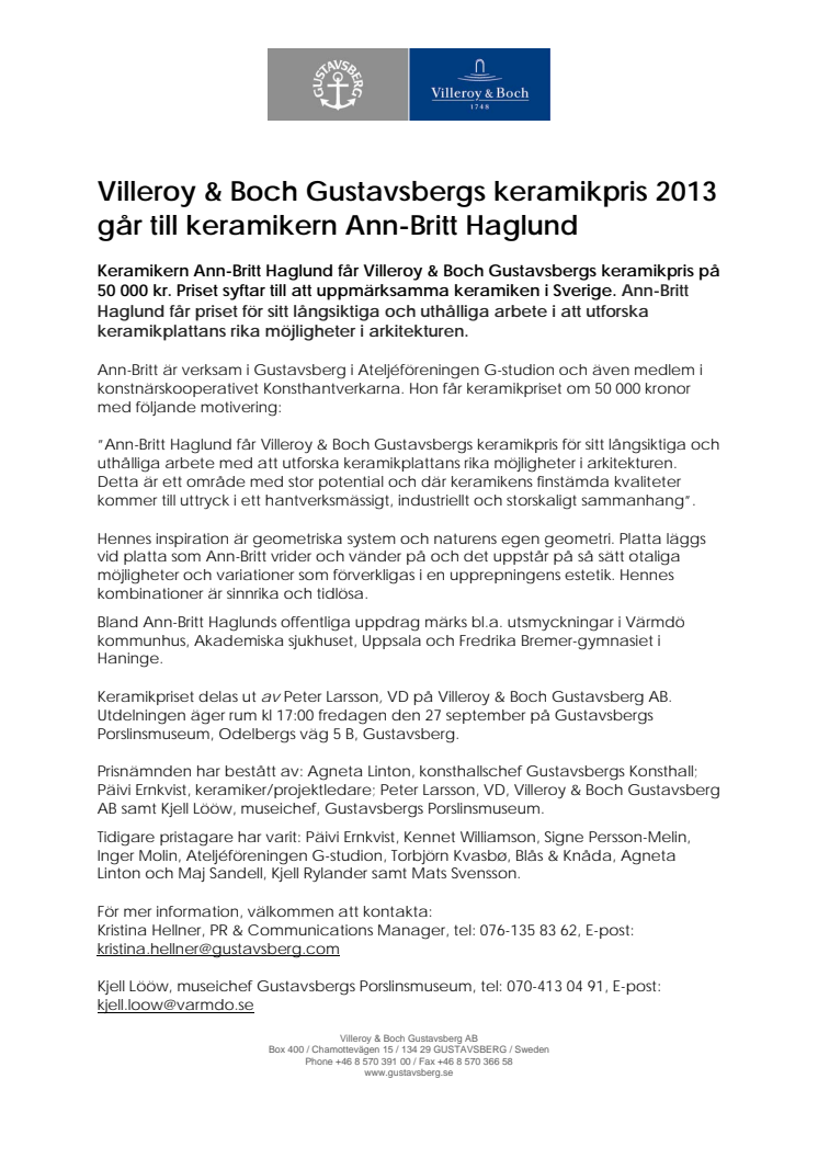 Villeroy & Boch Gustavsbergs keramikpris 2013 går till keramikern Ann-Britt Haglund