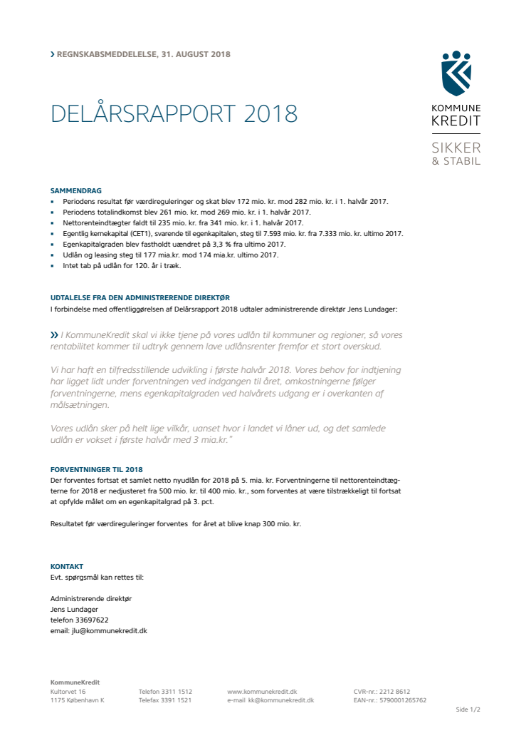 KommuneKredit offentliggør Delårsrapport 2018