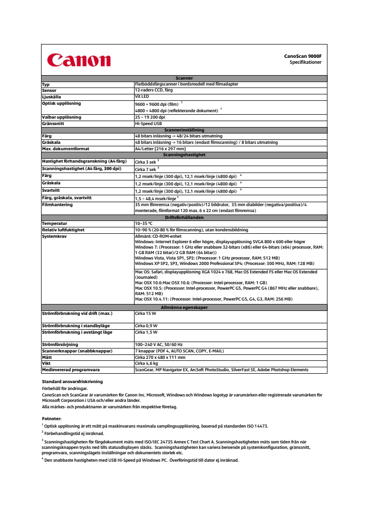 Tekniska data CanoScan 9000F