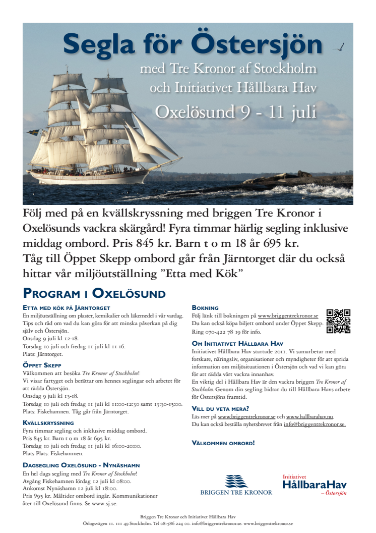Hållbara Hav och briggen Tre Kronor kommer till Oxelösund 9-11 juli med ungdomar som seglar för Östersjön