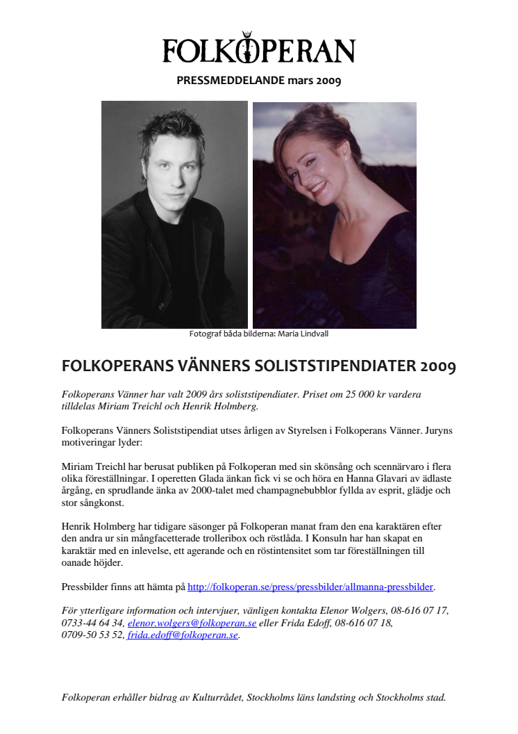Folkoperans Vänners soliststipendiater 2009