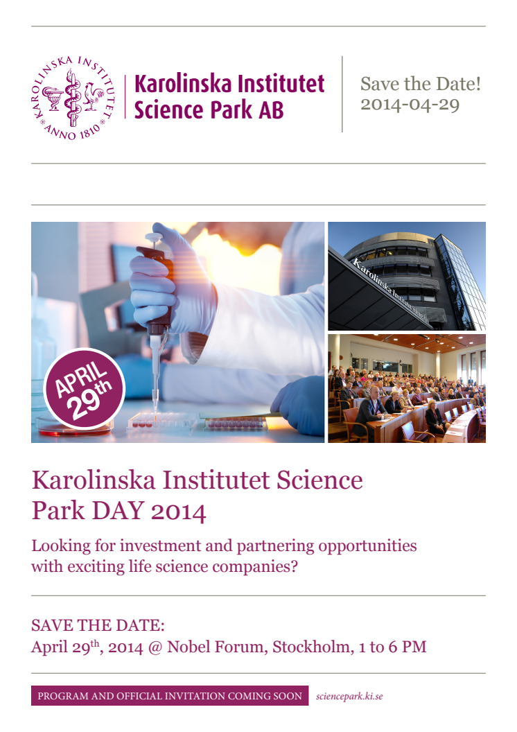 Karolinska Institutet Science Park DAY 2014, April 29 – Save the date!