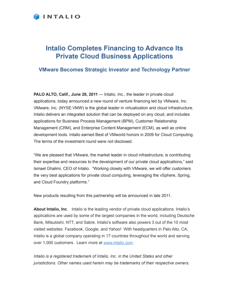 Intalio Completes Financing to Advance Its Private Cloud Business Applications