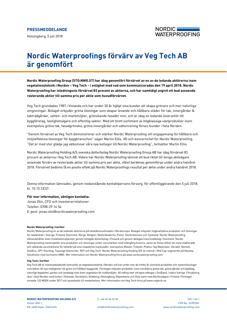Pressmeddelande Nordic Waterproofing Helsingborg 5 juli 2018