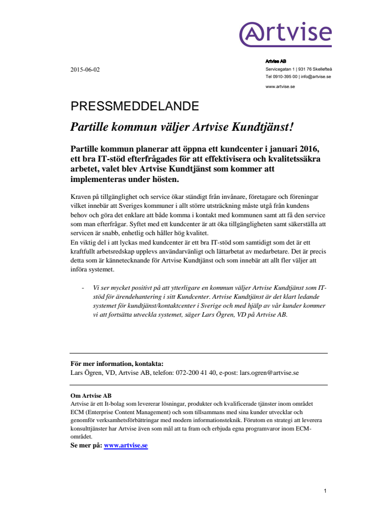 Partille kommun väljer Artvise Kundtjänst!